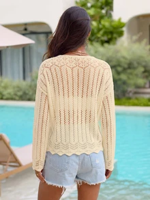 Áo khoác dệt kim dài tay cổ chữ V thanh lịch dành cho nữ, chất liệu hơi xuyên thấu, kiểu dáng nghỉ mát biển, chi tiết tua rua, thích hợp mặc hàng ngày, đi nghỉ mát biển, mùa xuân/hè. - Màu be - Xem 4