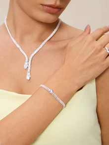 Etoivie 1套白色鑽石新娘珠寶套裝，西式水晶珠寶套裝，適用於派對 - 銀色 - 查看 2