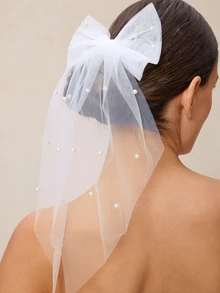 Etoivie 1pc White Faux Pearl & Bow Hair Clip Head Veil Vintage Bridal Bridesmaid Photo Booth Props Valentine's Day Wedding - White - View 3
