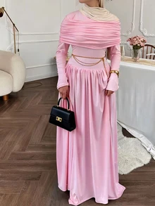 Solessence Đầm nữ màu trơn dệt kim xếp ly cổ choàng hai lớp dáng chữ A eo thon gợi cảm thanh lịch thời trang Ả Rập màu hồng mùa xuân - Hồng - Xem 4