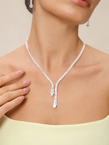 Etoivie 1套白色鑽石新娘珠寶套裝，西式水晶珠寶套裝，適用於派對 - 銀色 - 查看 4