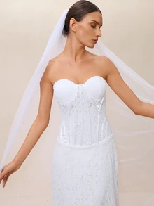 Etoivie 1件长款串珠新娘头纱，白色婚礼派对拍照道具，婚礼配饰，适用于婚礼仪式或秋季女装登记，情人节配饰 - 白色 - 查看 4