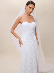 Etoivie 1件长款串珠新娘头纱，白色婚礼派对拍照道具，婚礼配饰，适用于婚礼仪式或秋季女装登记，情人节配饰 - 白色 - 查看 3