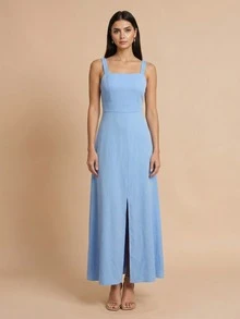 女士优雅无袖长款收腰连衣裙，夏季 - 藍色 - 查看 1