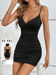 Sexy V-Neck Ruched Bodycon Cami Mini Dress, New For Spring/Summer - Black - View 1