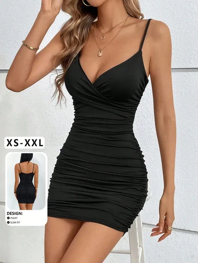 Sexy V-Neck Ruched Bodycon Cami Mini Dress, New For Spring/Summer