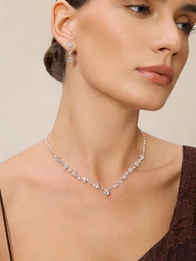 Etoivie 3pcs Simple Waterdrop-Shaped Rhinestone Necklace And Earrings Set Suitable For Women's Wedding, Birthday, Commemoration, Party Wedding Wedding - Silver - View 3