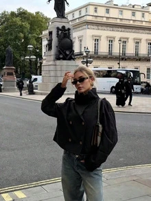 Women's Fashionable Casual Double-Breasted Black Long-Sleeve Jacket, Spring - Black - View 2