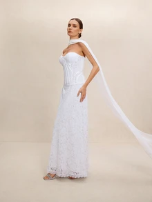 Etoivie Bridal Gown Lace Shawl, Long Train High-End Korean Style Photography Wrap, White Chiffon Simple Shawl - Pull down the Shawl - View 1