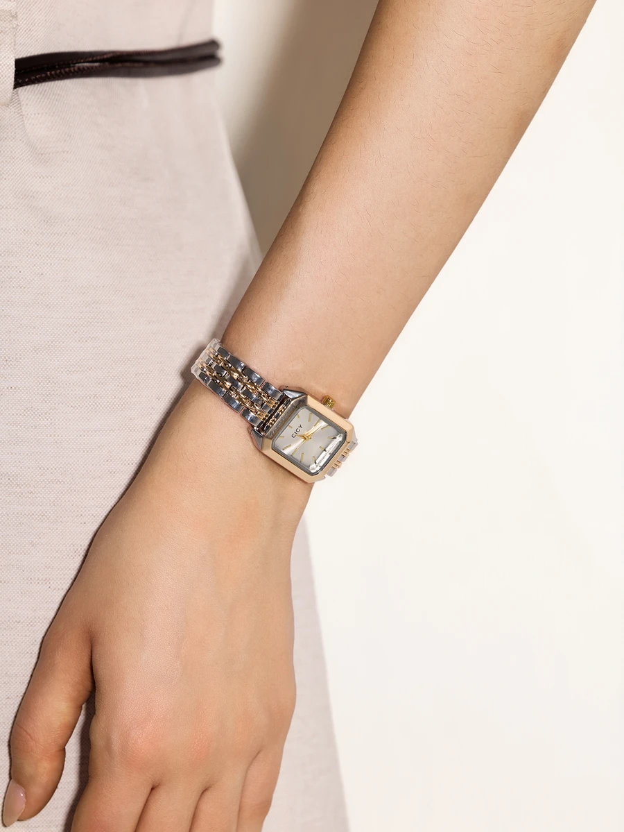 NobleVue 1 件女士时尚简约方形铆钉刻度金色钢带石英手表，适合节日和生日礼物 - 銀色 - 查看 1