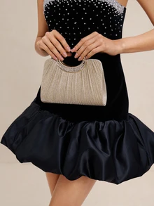 蛋形水钻褶皱闪亮磁扣优雅女士晚宴包，适合婚礼、派对、生日礼物等场合。 - 金色 - 查看 1