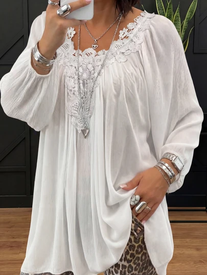 Women's Casual Long Sleeve V-Neck Blouse, Lace Patchwork Design Plus Size Shirt White Spring