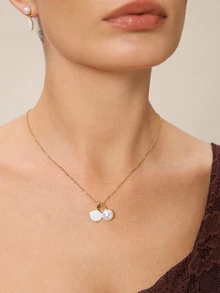 Etoivie 1pc Shell Bead Necklace, Ring, Earrings Set For Women, Ideal As Gift, New Lock Collarbone Chain - Gold - View 4