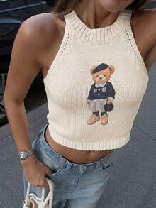 女士圆领纯色短款针织背心，饰有学院风小熊印花，休闲街头风，适合度假、夏季和春季穿着。 - 杏色 - 查看 2