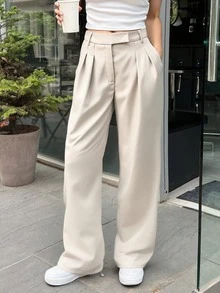 女士褶裥优雅休闲阔腿裤，商务宽松长裤，无弹力，带口袋，适合日常通勤穿着，春夏款 - 杏色 - 查看 3