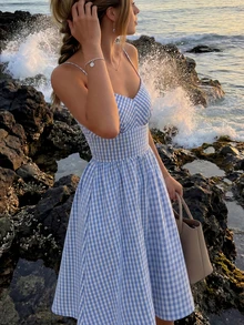 Women's Elegant Blue Plaid Backless A-Line Mini Dress, Sleeveless Halter Neck Dress For Date, Vacation, Beach - Blue - View 2