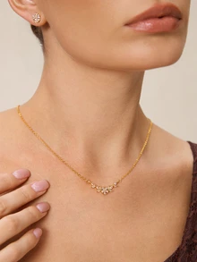 Etoivie Conjunto de 5 peças de joias minimalistas com zircônias, em estilo floral e de folhas. Inclui colar, pulseira, anel e brincos. Ideal para festas, presentes e uso diário. Perfeito para casamentos. - Ver 5