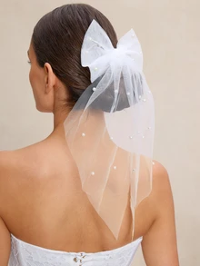Etoivie 1pc White Faux Pearl & Bow Hair Clip Head Veil Vintage Bridal Bridesmaid Photo Booth Props Valentine's Day Wedding - White - View 2