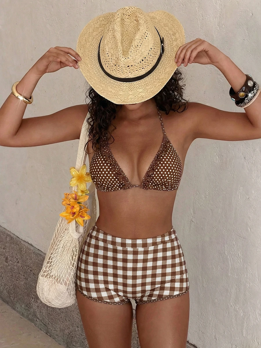 2026 Spring/Summer Women's Polka Dot Print Halter Bikini Set - Retro Sporty Swimwear, Essential For Summer Beach, Urban Beach Decor Style; Charming Sexy Swimwear Set, Perfect For Pool Parties And Luxury Beach Vacations. - Multicolor - View 1