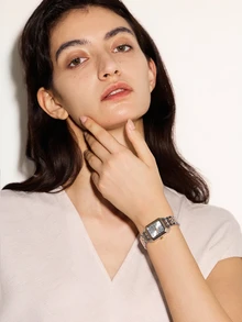 NobleVue 1 件女士时尚简约方形铆钉刻度金色钢带石英手表，适合节日和生日礼物 - 銀色 - 查看 3