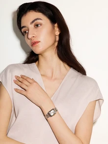 NobleVue 1 件女士时尚简约方形铆钉刻度金色钢带石英手表，适合节日和生日礼物 - 銀色 - 查看 4