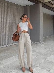 Women's Khaki High Waist Wide Leg Pants, Casual Pleated Hem Trousers, Elegant For Office, Work, Daily Wear, Vacation, Spring/Summer - Light Khaki - View 2