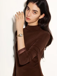 NobleVue 1 件女士金色不锈钢表带混合刻度表盘简约优雅风格石英表，日常装饰佩戴 - 金色 - 查看 3