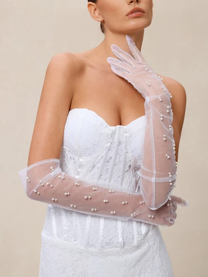 Etoivie 1 Pair White Faux Pearl Decor Elbow Length Gloves For Wedding Autumn Accessories Valentine's Day Accessories