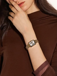 NobleVue 1 件女士金色不锈钢表带混合刻度表盘简约优雅风格石英表，日常装饰佩戴 - 金色 - 查看 5