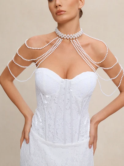 Etoivie 1pc Elegant Women's Multilayer Faux Pearl Handmade Braided Body Chain, Jewelry For Wedding, Party, Fashion Show, Beach Accessories Wedding