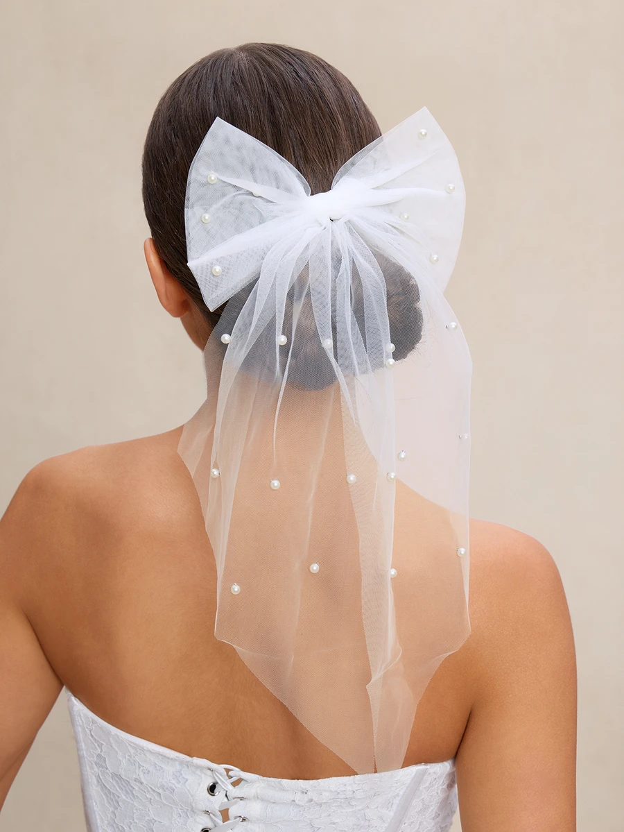Etoivie 1pc White Faux Pearl & Bow Hair Clip Head Veil Vintage Bridal Bridesmaid Photo Booth Props Valentine's Day Wedding - White - View 1