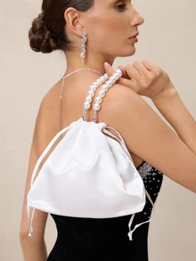 Etoivie 經典緞面抽繩閉合極簡時尚串珠手持斜肩包迷你手拿包 - 白色 - 查看 4