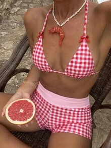 3件套女士泳装夏季比基尼泳衣，度假格纹印花，红白露脐背心吊带泳衣，适合度假穿着，性感婚礼宾客新娘装，沙滩装，Y2K音乐节派对度假装，波西米亚风2026春夏沙滩装 - 粉色 - 查看 8