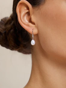 Etoivie A Stylish, Elegant, And Simple S925 Sterling Silver Natural Pearl And Inlaid Hook Earring, 8-9mm, Suitable For Women, Weddings, Brides, Bridesmaids, Daily Wear, Festivities, Ear Lobe, Anti-Allergic, Hand-Set Micro-Inlaid Design, Fashionable, Elegant, Minimalistic, Versatile For Work And Parties Alike. Holiday - earrings - View 2