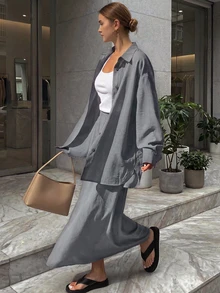 Women's Loose Casual 2-Piece Set, Including Collared Button-Up Shirt And Pocket Maxi Skirt, Suitable For Outings, Vacations, And Everyday Wear, Spring/Summer - Grey - View 1