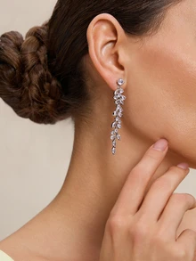 Etoivie Shiny Leaf Long Dangle Ear Clip Earrings 2pcs Women Cubic Zirconia No Pierced Drop Earrings Silver Plated Bridal Wedding Jewelry Party Anniversary Engagement Birthday Gift For Girlfriend Wife BBF - Silver - View 4