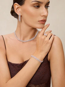 5件套高档项链、耳环、戒指和手链首饰套装，适合女性婚礼、生日、节日、派对和其他场合佩戴。 - 銀色 - 查看 2
