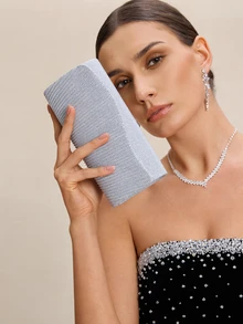 Etoivie 轻巧，商务休闲水钻装饰水桶包迷你抽绳设计，透明包仿珍珠包晚宴包，晚餐包迷人，优雅，精致，安静奢华的水钻适合派对女孩，女人，新娘非常适合派对，晚宴/宴会圣诞派对礼服，与新娘派对完美搭配，婚礼手拿包，派对包，非常适合派对婚礼舞会晚宴/宴会搭配节日派对礼服晚礼服和亮片礼服 - 銀色 - 查看 5