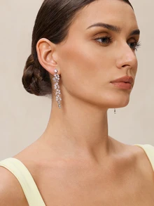 Etoivie Shiny Leaf Long Dangle Ear Clip Earrings 2pcs Women Cubic Zirconia No Pierced Drop Earrings Silver Plated Bridal Wedding Jewelry Party Anniversary Engagement Birthday Gift For Girlfriend Wife BBF - Silver - View 3