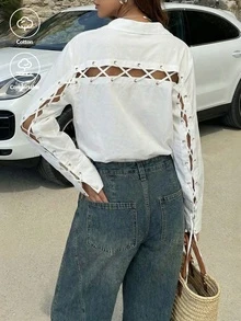 White Relaxed Fit Button Up Blouse | Tie Cuff Flap Pocket Shirt For Date & Brunch - White - View 1