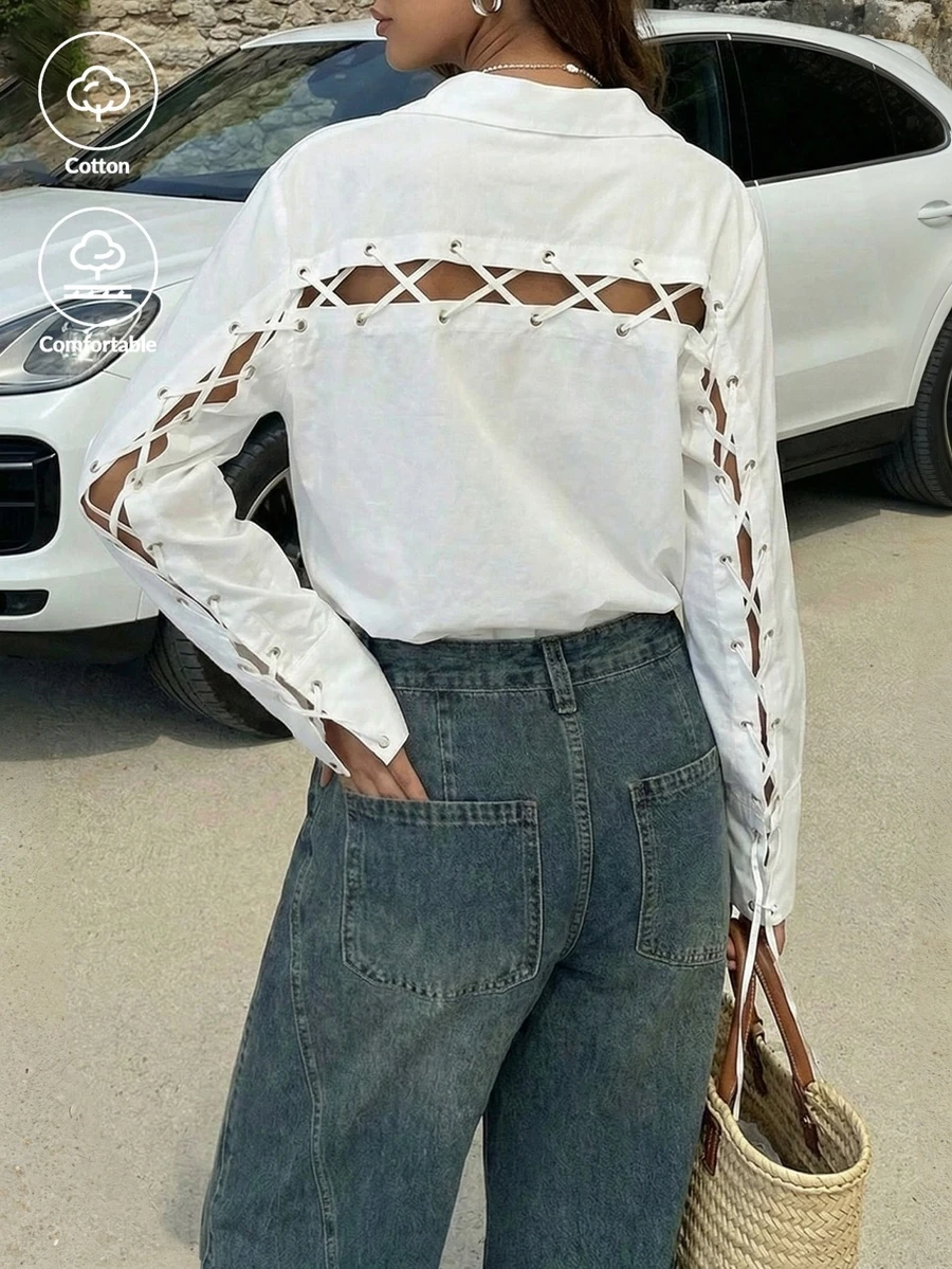 White Relaxed Fit Button Up Blouse | Tie Cuff Flap Pocket Shirt For Date & Brunch - White - View 1