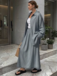 Women's Loose Casual 2-Piece Set, Including Collared Button-Up Shirt And Pocket Maxi Skirt, Suitable For Outings, Vacations, And Everyday Wear, Spring/Summer - Grey - View 2