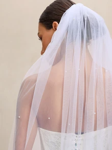 Etoivie 1件长款串珠新娘头纱，白色婚礼派对拍照道具，婚礼配饰，适用于婚礼仪式或秋季女装登记，情人节配饰 - 白色 - 查看 5