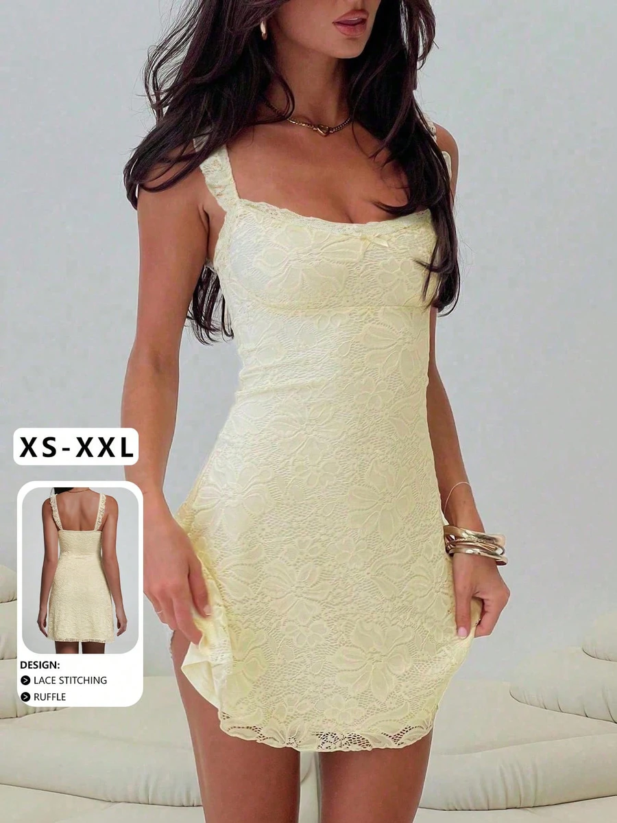 Elegant Fashion Ruffle Strap Bow Design Lace Patchwork Sleeveless Slim Fit Mini Dress - Yellow - View 1
