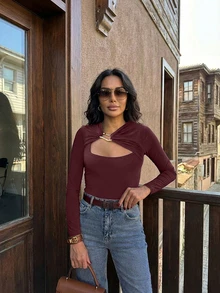 Spring/Summer New Women's Elegant , Fashionable Asymmetric Collar Long Sleeve Fitted Woven Blouse Valentine's Day Hollow Sexy New Year With Gold Ring Detail - Coffee Brown - View 2