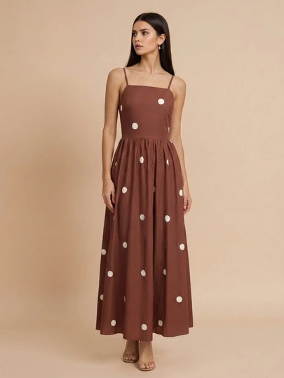 Women's Sleeveless Polka Dot Strap Backless Dress With Pockets, Elegant Long Dress