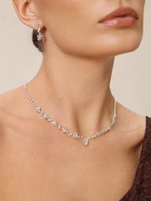 Etoivie 3pcs Simple Waterdrop-Shaped Rhinestone Necklace And Earrings Set Suitable For Women's Wedding, Birthday, Commemoration, Party Wedding Wedding - Silver - View 1
