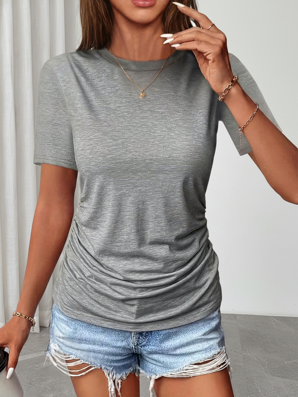 Maiou de damă, casual, cu mânecă scurtă, guler rotund - croială lejeră, culoare uni, gri, lavabil, versatil pentru toate anotimpurile, purtare zilnică, design plisat, confortabil