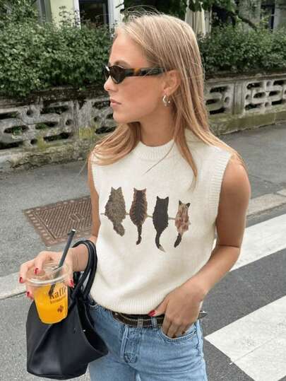 女士休闲无袖针织背心，猫咪印花 - 春夏百搭街头风必备单品，适合通勤、度假和日常穿着