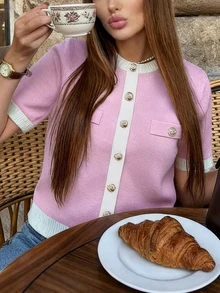 粉色圆领短袖撞色针织开衫，女士春夏新款休闲百搭简约优雅舒适宽松夏季外套，适合日常通勤、外出、约会、休闲时尚、毕业典礼等场合。 - 粉色 - 查看 3